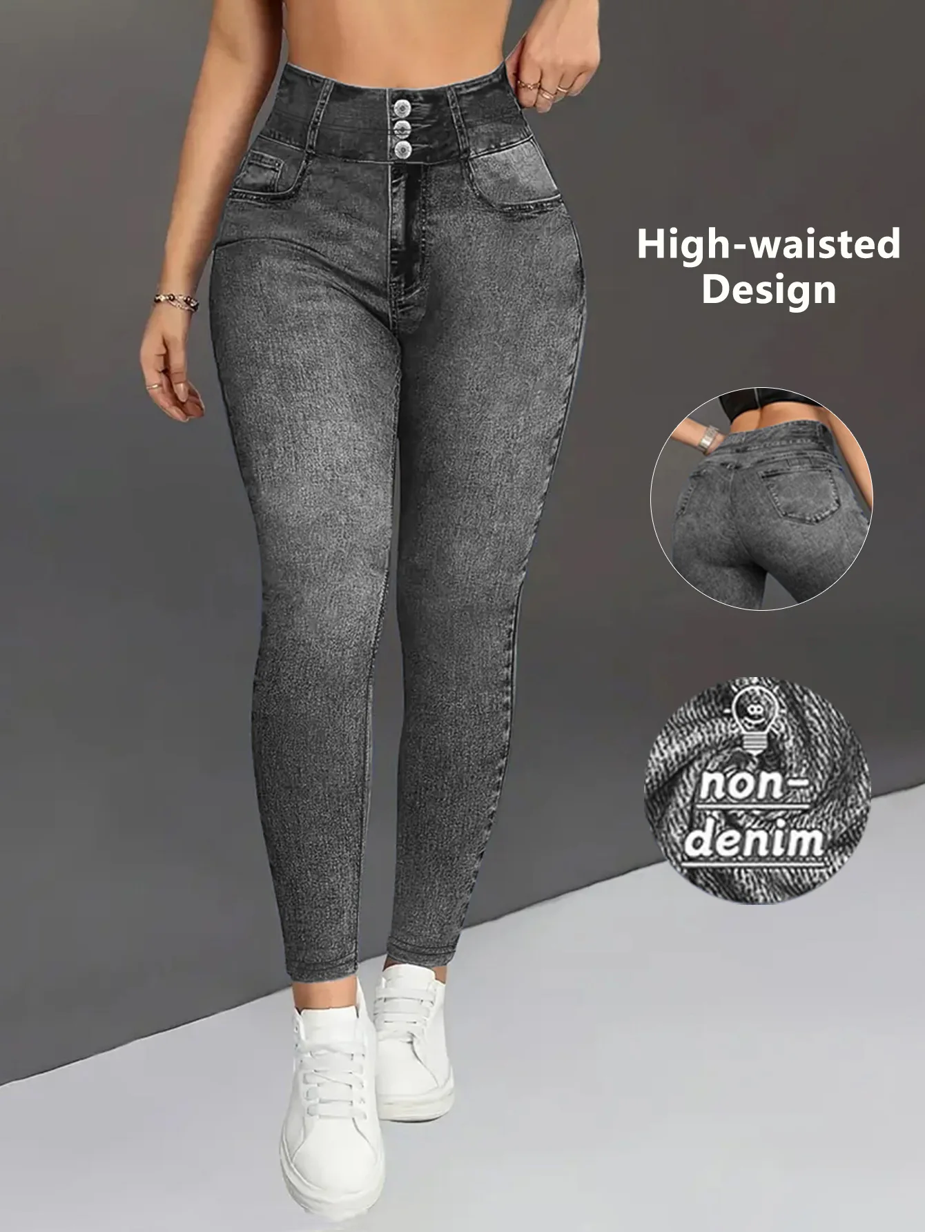 Ladies High-Waist Faux Denim Slim Fit Pants Denim Print Elastic Waist Tummy Control Butt Lifting Casual Trousers