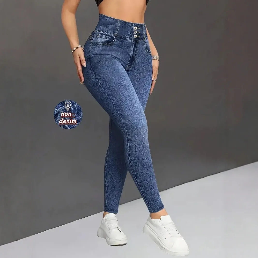 Ladies High-Waist Faux Denim Slim Fit Pants Denim Print Elastic Waist Tummy Control Butt Lifting Casual Trousers