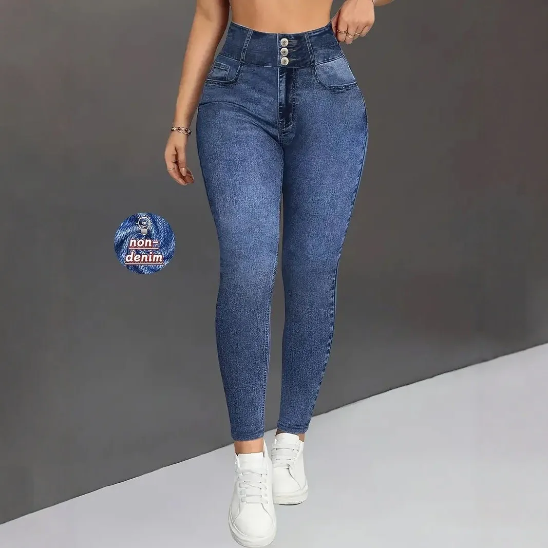 Ladies High-Waist Faux Denim Slim Fit Pants Denim Print Elastic Waist Tummy Control Butt Lifting Casual Trousers