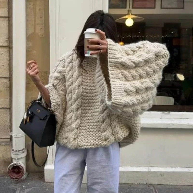 Deeptown Vintage Knitted Sweater Women Elegant Casual Oversize Pullover Long Sleeve Autumn Winter Solid Lady Twist Sweater Loose