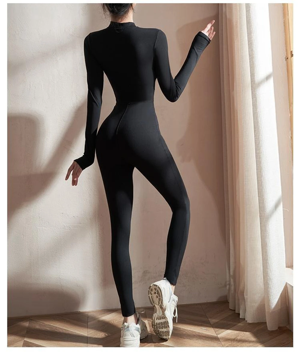 Womens Jumpsuits Long Sleeve Yoga Slim Fit Stretch One Piece Romper Sexy Fitness Female Black Basic Sportwears Tight Zipper