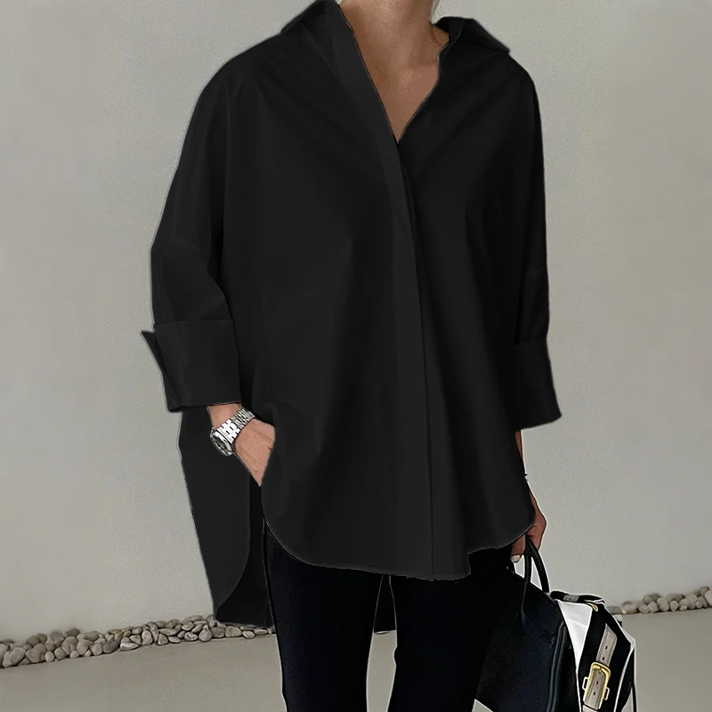ZANZEA Oversized Woman White Shirts Turn-Down Collar Long Sleeve Button Up High-Low Solid Color Blouse 2026 Autumn Streetwear