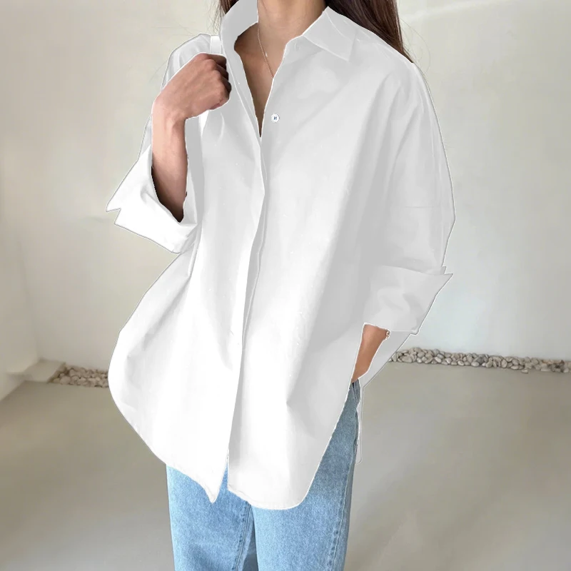 ZANZEA Oversized Woman White Shirts Turn-Down Collar Long Sleeve Button Up High-Low Solid Color Blouse 2026 Autumn Streetwear