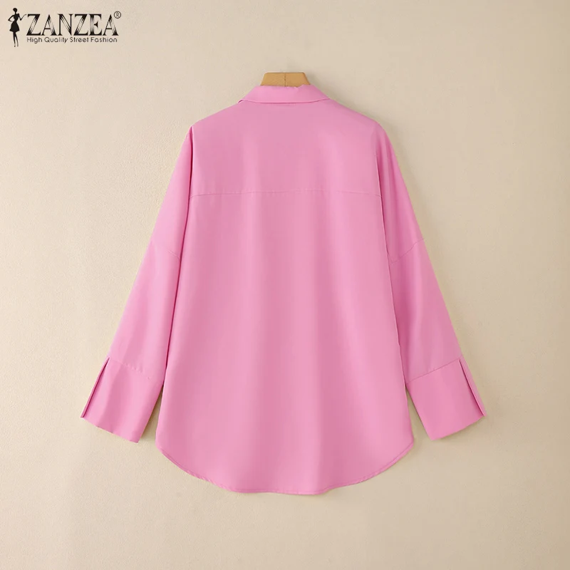 ZANZEA Oversized Woman White Shirts Turn-Down Collar Long Sleeve Button Up High-Low Solid Color Blouse 2026 Autumn Streetwear