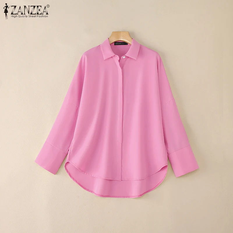 ZANZEA Oversized Woman White Shirts Turn-Down Collar Long Sleeve Button Up High-Low Solid Color Blouse 2026 Autumn Streetwear