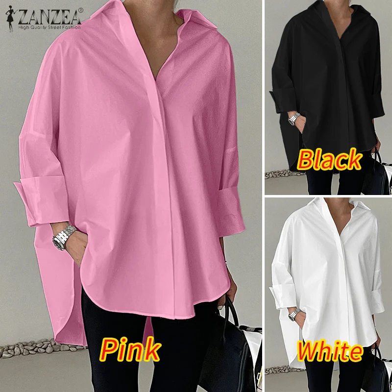 ZANZEA Oversized Woman White Shirts Turn-Down Collar Long Sleeve Button Up High-Low Solid Color Blouse 2026 Autumn Streetwear