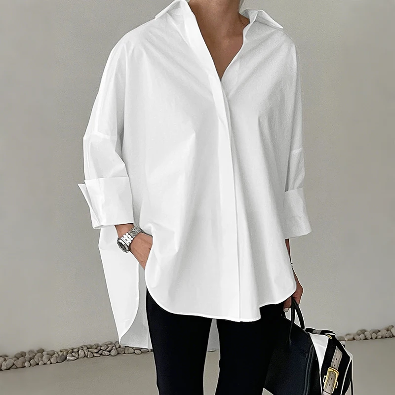 ZANZEA Oversized Woman White Shirts Turn-Down Collar Long Sleeve Button Up High-Low Solid Color Blouse 2026 Autumn Streetwear