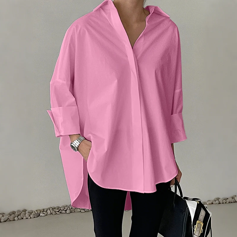 ZANZEA Oversized Woman White Shirts Turn-Down Collar Long Sleeve Button Up High-Low Solid Color Blouse 2026 Autumn Streetwear