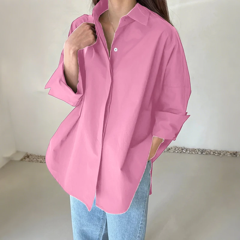 ZANZEA Oversized Woman White Shirts Turn-Down Collar Long Sleeve Button Up High-Low Solid Color Blouse 2026 Autumn Streetwear
