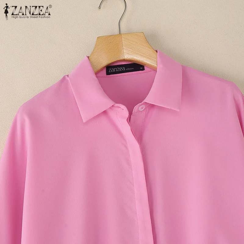 ZANZEA Oversized Woman White Shirts Turn-Down Collar Long Sleeve Button Up High-Low Solid Color Blouse 2026 Autumn Streetwear