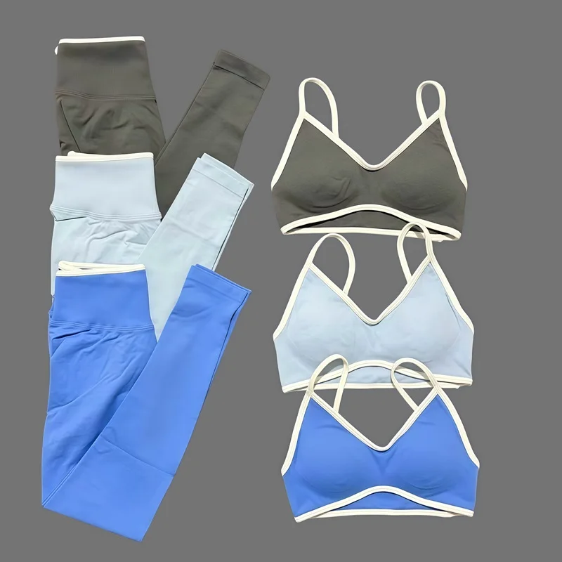 HISTELLO 2 Piece Yoga Fitness Set Women's Seamless Ignite Sculpt Scrunch Leggings Strappy Halter Bra Gym Sports Fitness Outfit