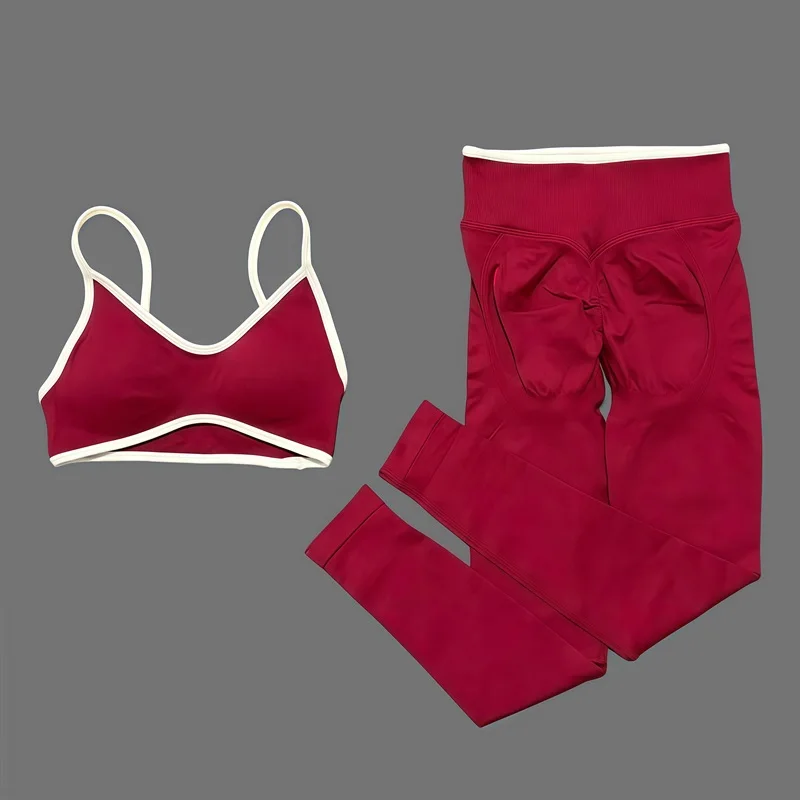 HISTELLO 2 Piece Yoga Fitness Set Women's Seamless Ignite Sculpt Scrunch Leggings Strappy Halter Bra Gym Sports Fitness Outfit