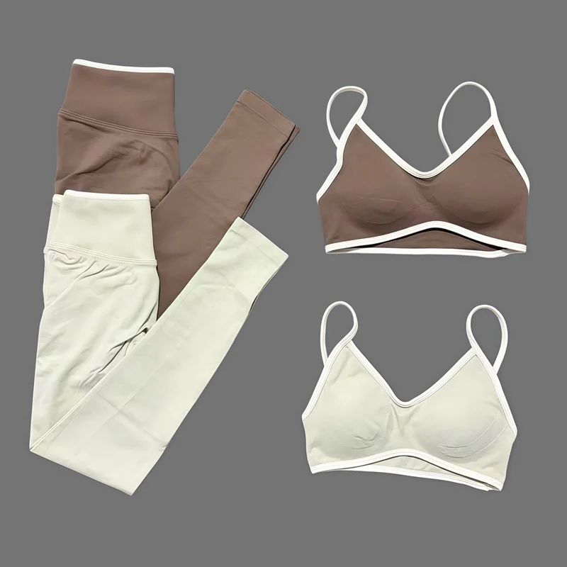HISTELLO 2 Piece Yoga Fitness Set Women's Seamless Ignite Sculpt Scrunch Leggings Strappy Halter Bra Gym Sports Fitness Outfit