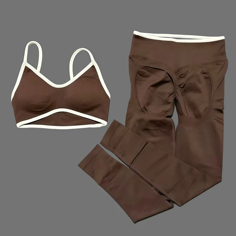 HISTELLO 2 Piece Yoga Fitness Set Women's Seamless Ignite Sculpt Scrunch Leggings Strappy Halter Bra Gym Sports Fitness Outfit