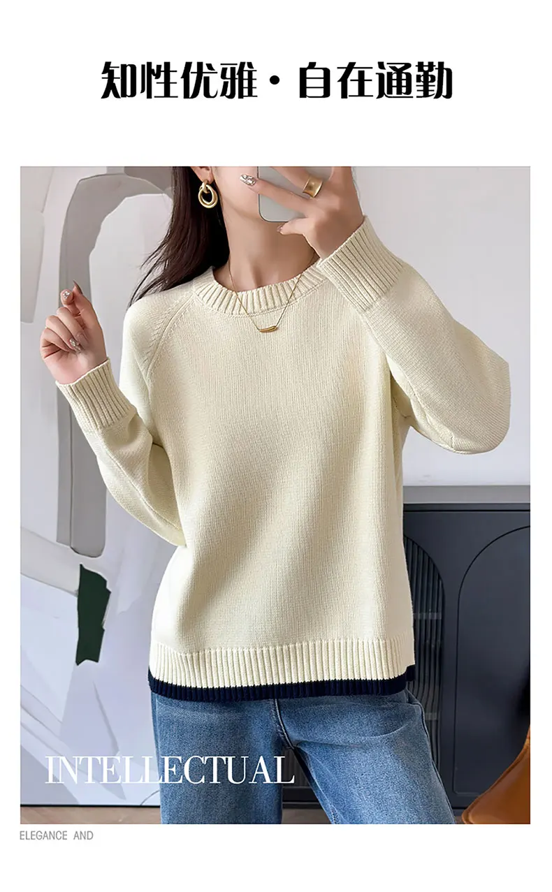Women 100% Cotton Sweater O-neck Strip Pullover Casual Knit Clothing Fashion Soft Bottoming Sweater Tops A3032114