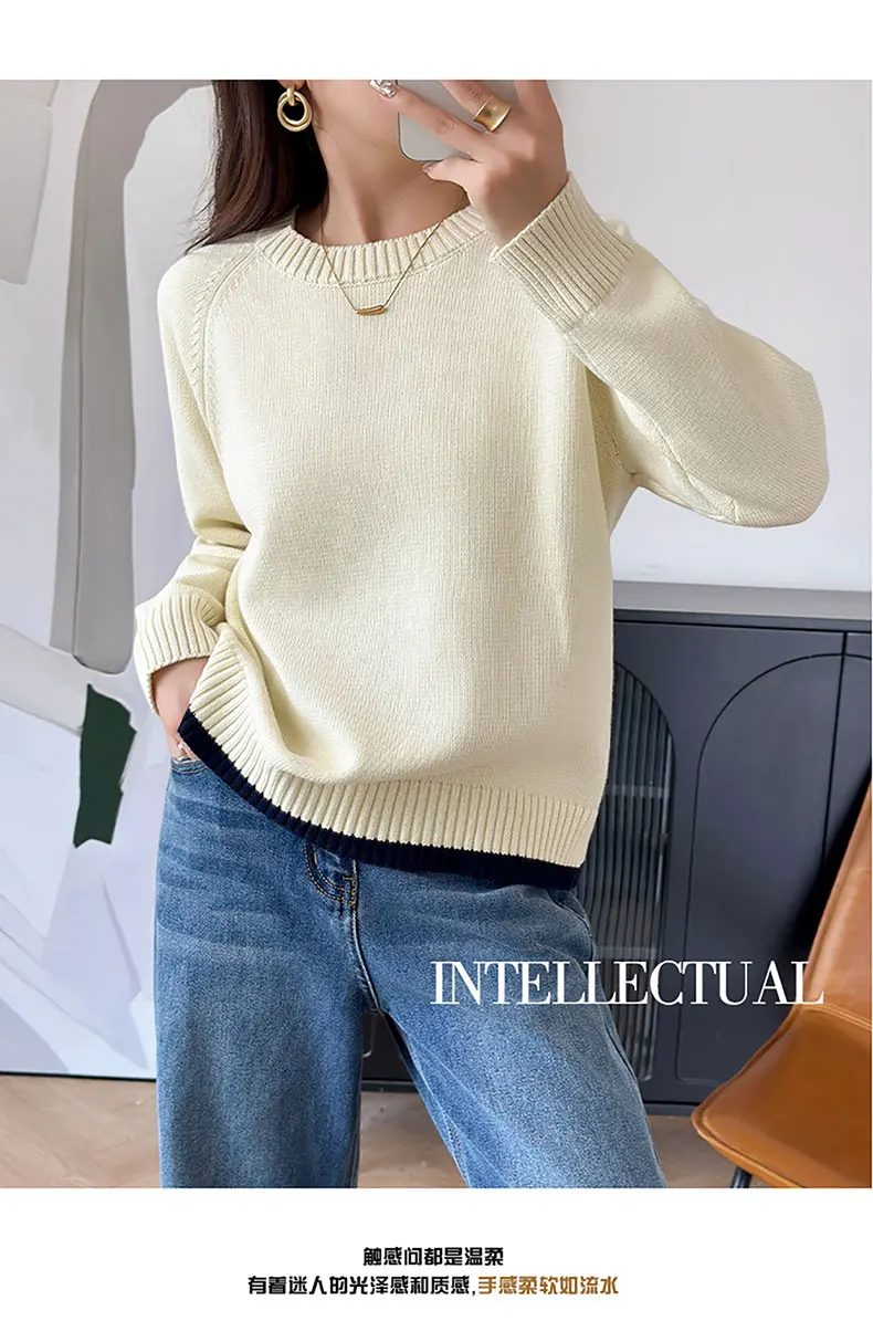 Women 100% Cotton Sweater O-neck Strip Pullover Casual Knit Clothing Fashion Soft Bottoming Sweater Tops A3032114
