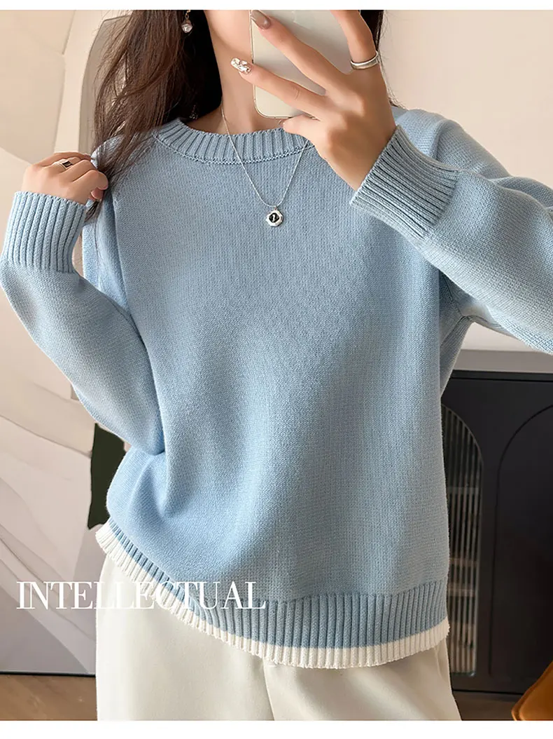 Women 100% Cotton Sweater O-neck Strip Pullover Casual Knit Clothing Fashion Soft Bottoming Sweater Tops A3032114