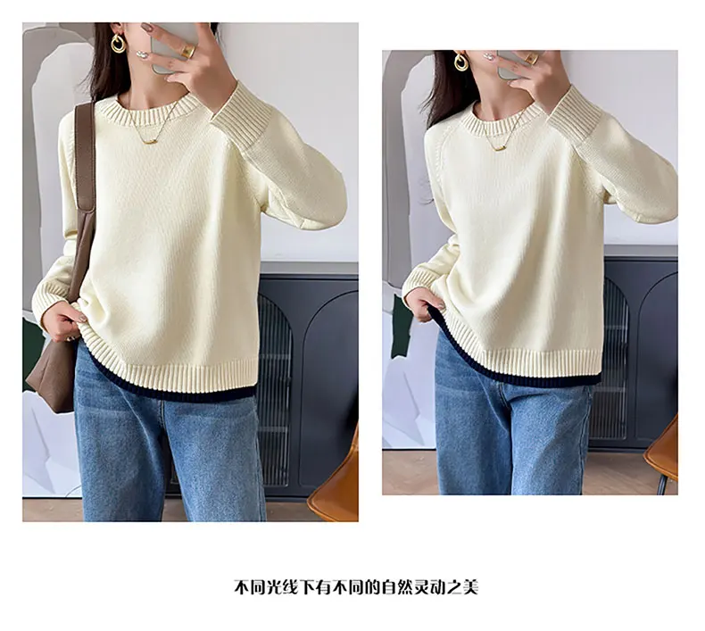 Women 100% Cotton Sweater O-neck Strip Pullover Casual Knit Clothing Fashion Soft Bottoming Sweater Tops A3032114