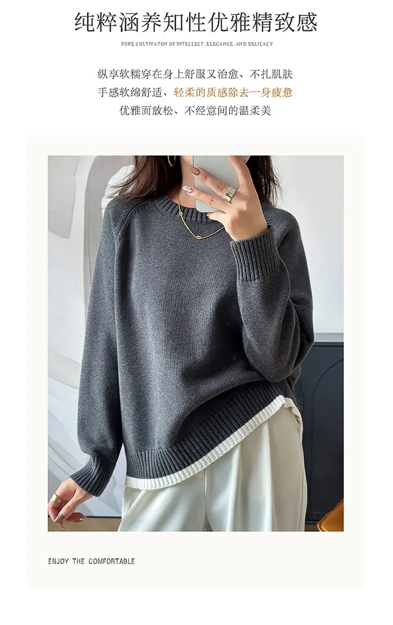 Women 100% Cotton Sweater O-neck Strip Pullover Casual Knit Clothing Fashion Soft Bottoming Sweater Tops A3032114