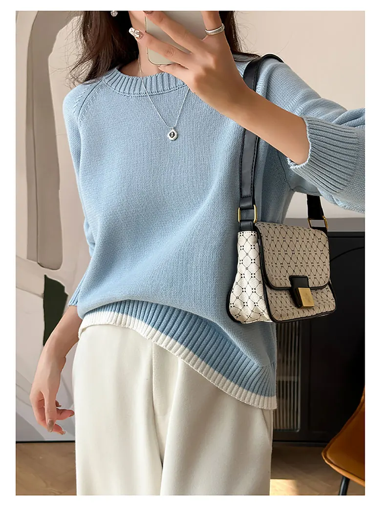 Women 100% Cotton Sweater O-neck Strip Pullover Casual Knit Clothing Fashion Soft Bottoming Sweater Tops A3032114
