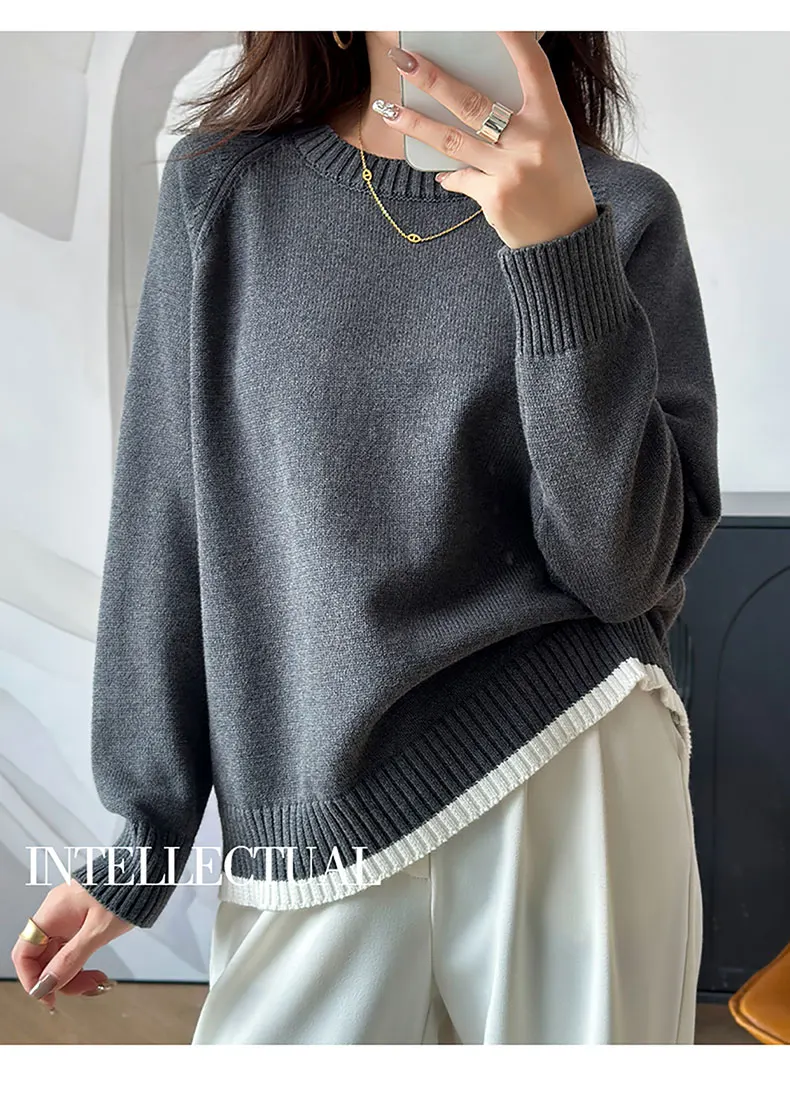 Women 100% Cotton Sweater O-neck Strip Pullover Casual Knit Clothing Fashion Soft Bottoming Sweater Tops A3032114