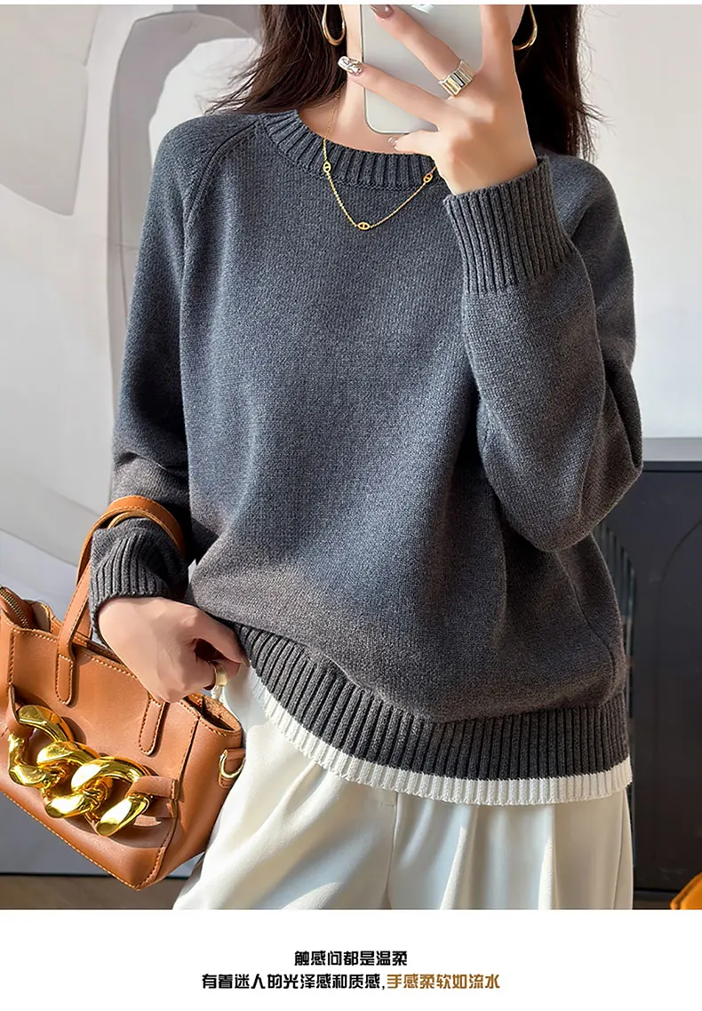 Women 100% Cotton Sweater O-neck Strip Pullover Casual Knit Clothing Fashion Soft Bottoming Sweater Tops A3032114