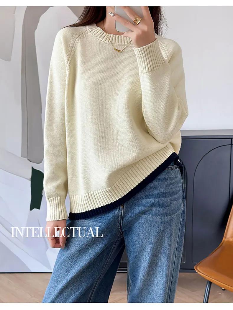 Women 100% Cotton Sweater O-neck Strip Pullover Casual Knit Clothing Fashion Soft Bottoming Sweater Tops A3032114