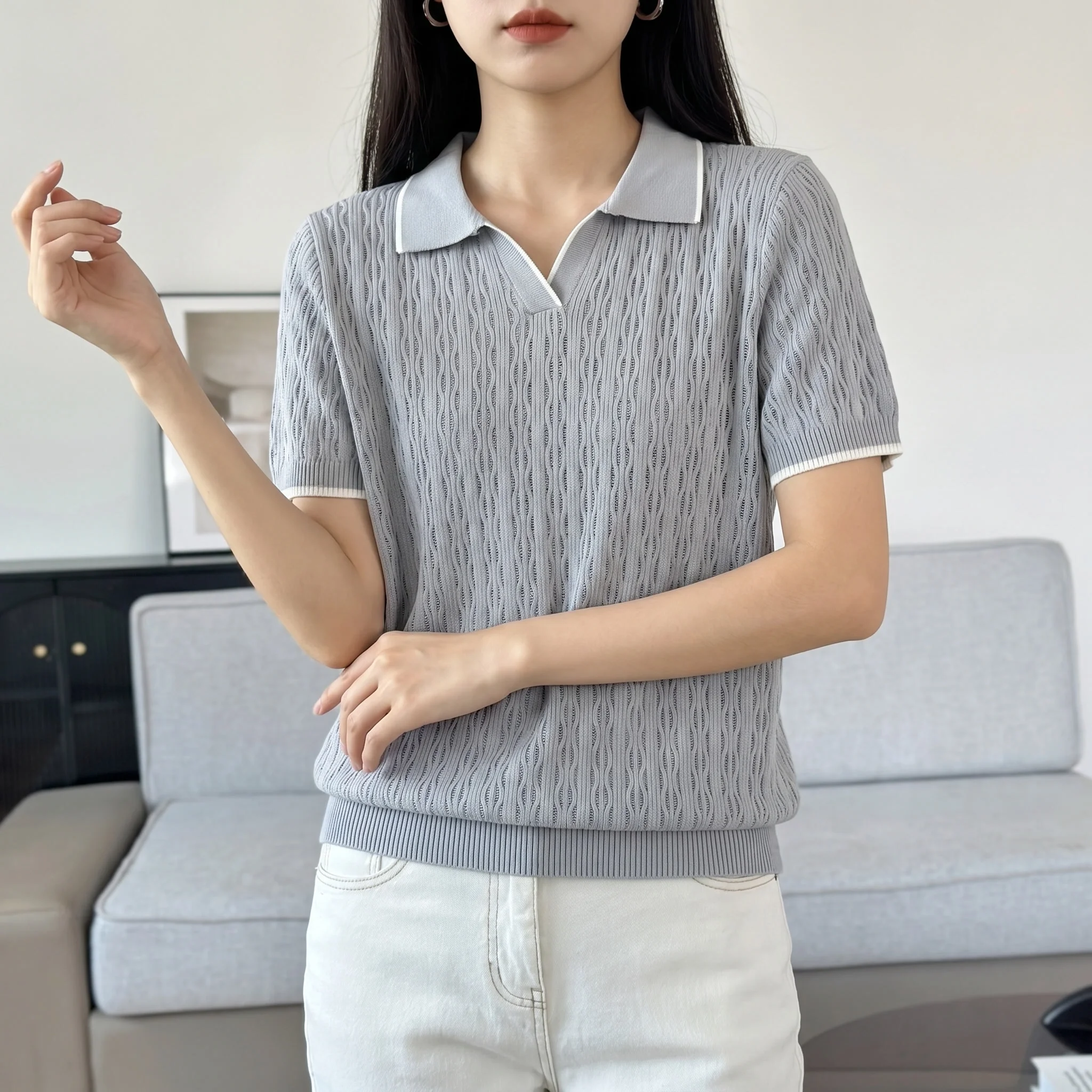 WinvyNee Spring Summer Women Cotton Polo V Collar Sweater Knitted Top Green Solid Short Sleeve Casual Pullover T-Shirt ZA1002042