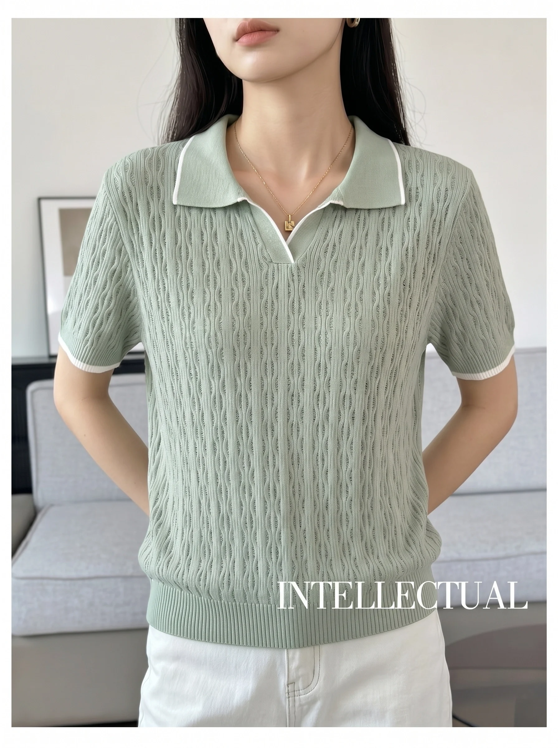 WinvyNee Spring Summer Women Cotton Polo V Collar Sweater Knitted Top Green Solid Short Sleeve Casual Pullover T-Shirt ZA1002042