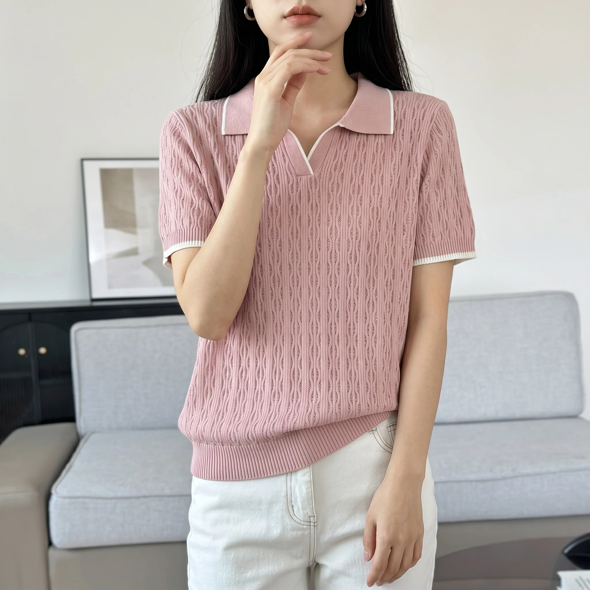 WinvyNee Spring Summer Women Cotton Polo V Collar Sweater Knitted Top Green Solid Short Sleeve Casual Pullover T-Shirt ZA1002042