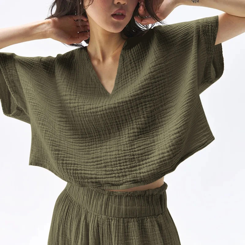 Muslin 100% Cotton Short Sleeve Tee Sexy V-Neck Oversized T-Shirt Streetwear Top Shirts And Blouse Lady Pulovers Camisetas