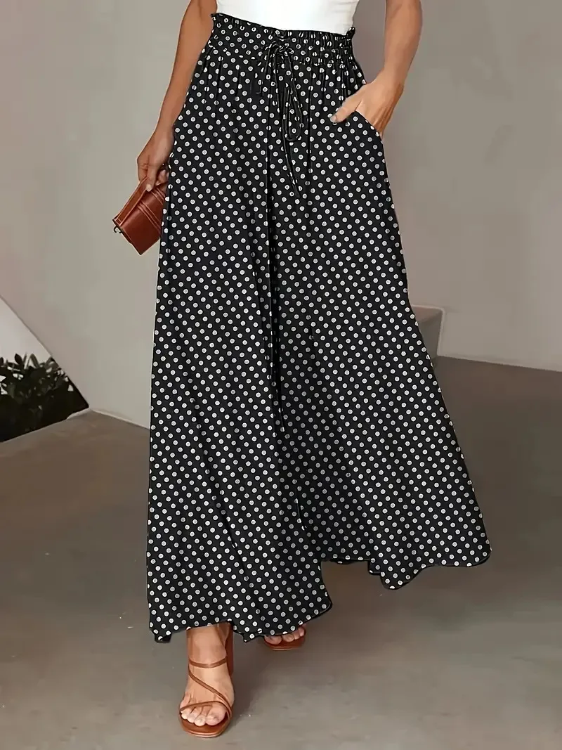 2025 Spring/Summer Bohemian Wide-Leg Pants with Elastic Waist and Polka Dot Print Long Skirt Pants for Women