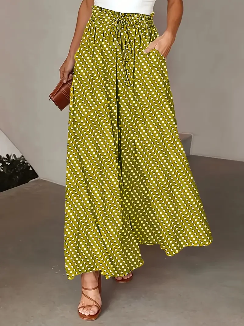 2025 Spring/Summer Bohemian Wide-Leg Pants with Elastic Waist and Polka Dot Print Long Skirt Pants for Women