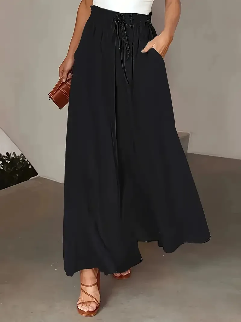 2025 Spring/Summer Bohemian Wide-Leg Pants with Elastic Waist and Polka Dot Print Long Skirt Pants for Women