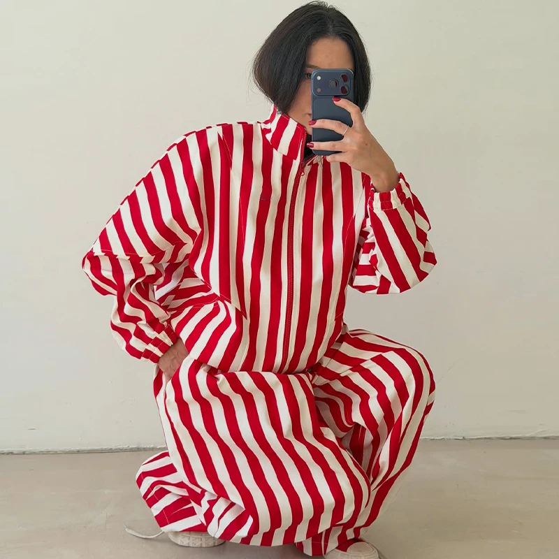 Women's Contrasting Stripe 2 Piece Pant Set Loose Stand Collar Zipper Long Sleeve Coats Wide Leg Pants 2026 Autumn Lady Suit New
