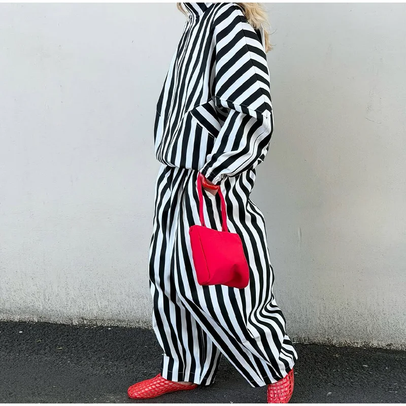 Women's Contrasting Stripe 2 Piece Pant Set Loose Stand Collar Zipper Long Sleeve Coats Wide Leg Pants 2026 Autumn Lady Suit New