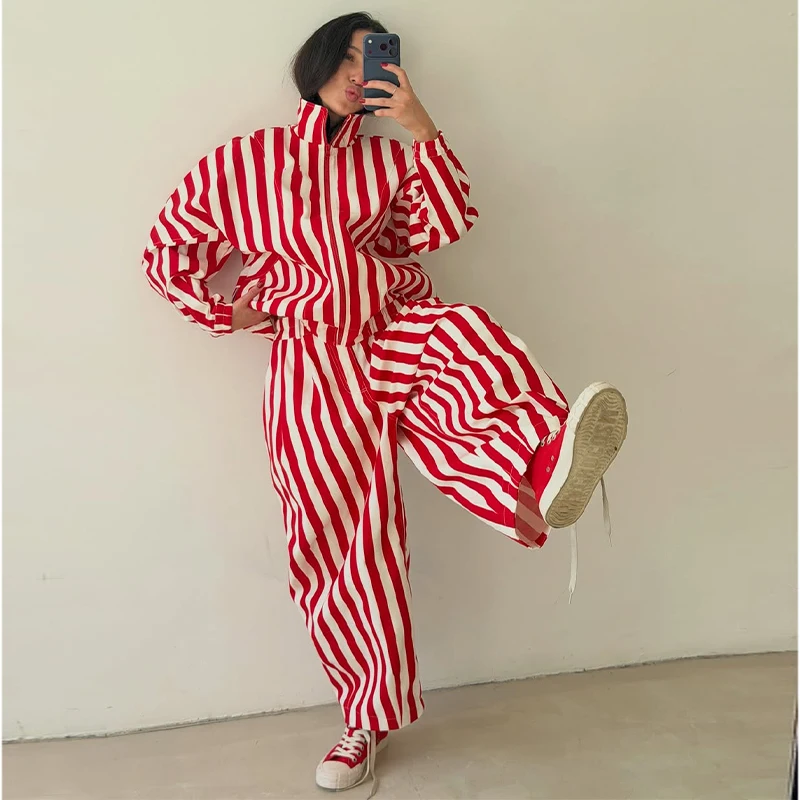 Women's Contrasting Stripe 2 Piece Pant Set Loose Stand Collar Zipper Long Sleeve Coats Wide Leg Pants 2026 Autumn Lady Suit New