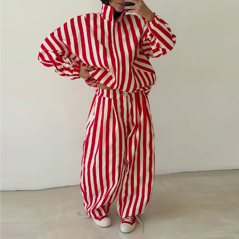 Women's Contrasting Stripe 2 Piece Pant Set Loose Stand Collar Zipper Long Sleeve Coats Wide Leg Pants 2026 Autumn Lady Suit New