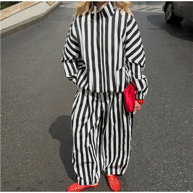 Women's Contrasting Stripe 2 Piece Pant Set Loose Stand Collar Zipper Long Sleeve Coats Wide Leg Pants 2026 Autumn Lady Suit New
