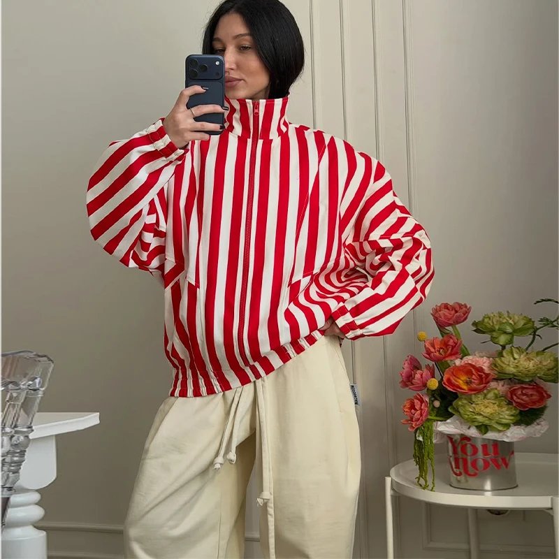 Women's Contrasting Stripe 2 Piece Pant Set Loose Stand Collar Zipper Long Sleeve Coats Wide Leg Pants 2026 Autumn Lady Suit New