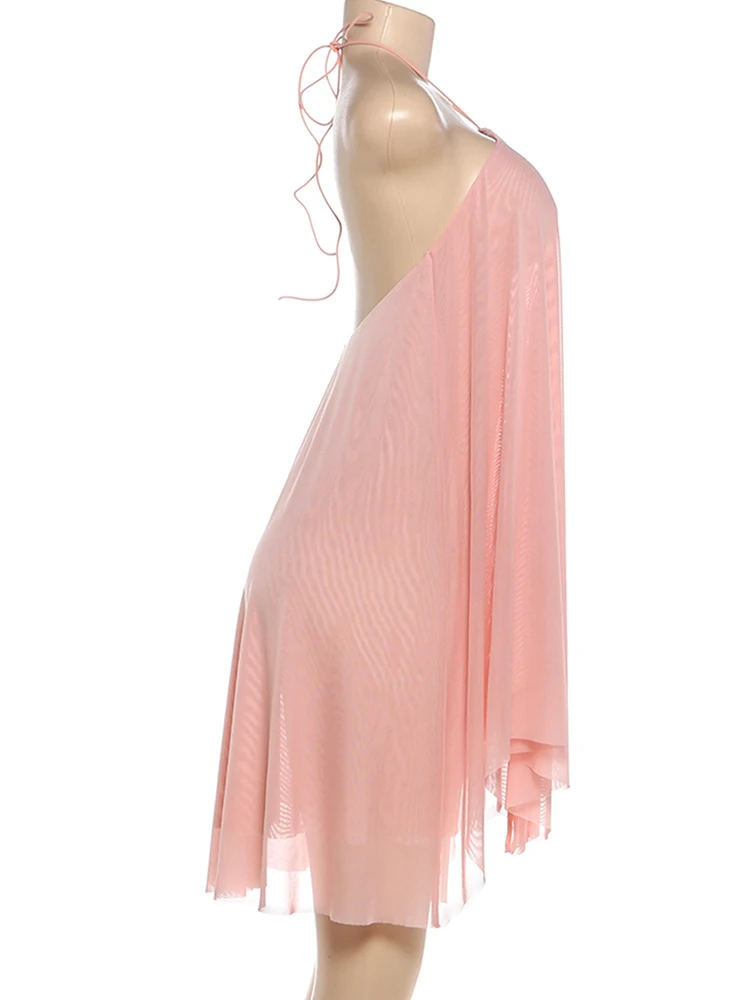 Weird Puss Halter Loose Dress Women Y2K Summer Sleeveless Backless Tiered Lrregular Hem Beach Vacation Sexy Trend Party Bodycon