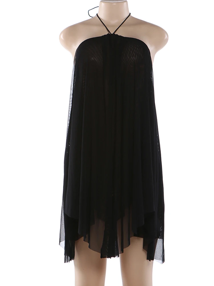 Weird Puss Halter Loose Dress Women Y2K Summer Sleeveless Backless Tiered Lrregular Hem Beach Vacation Sexy Trend Party Bodycon