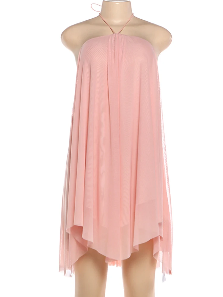 Weird Puss Halter Loose Dress Women Y2K Summer Sleeveless Backless Tiered Lrregular Hem Beach Vacation Sexy Trend Party Bodycon