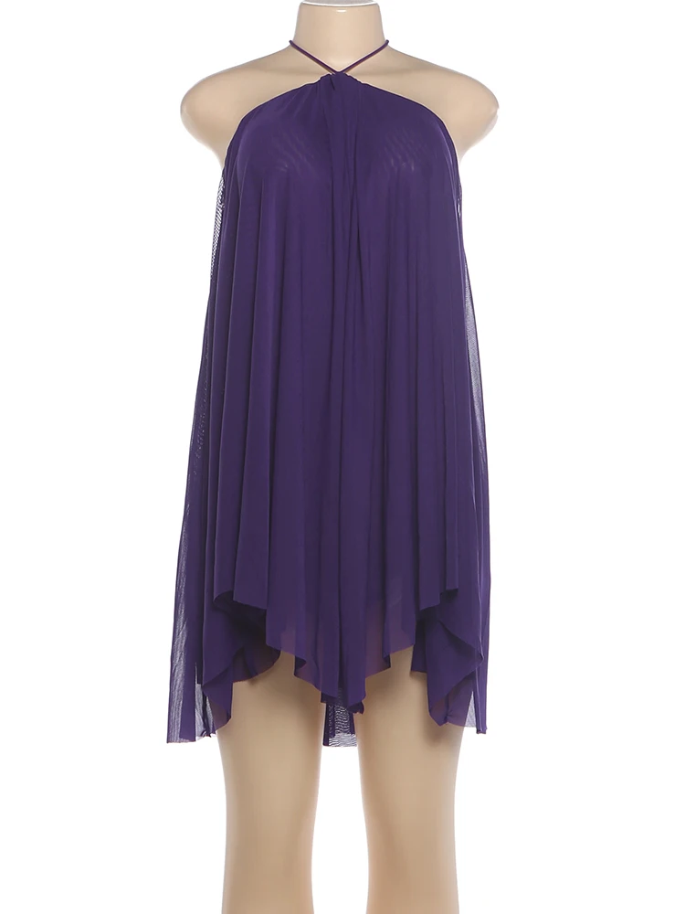 Weird Puss Halter Loose Dress Women Y2K Summer Sleeveless Backless Tiered Lrregular Hem Beach Vacation Sexy Trend Party Bodycon