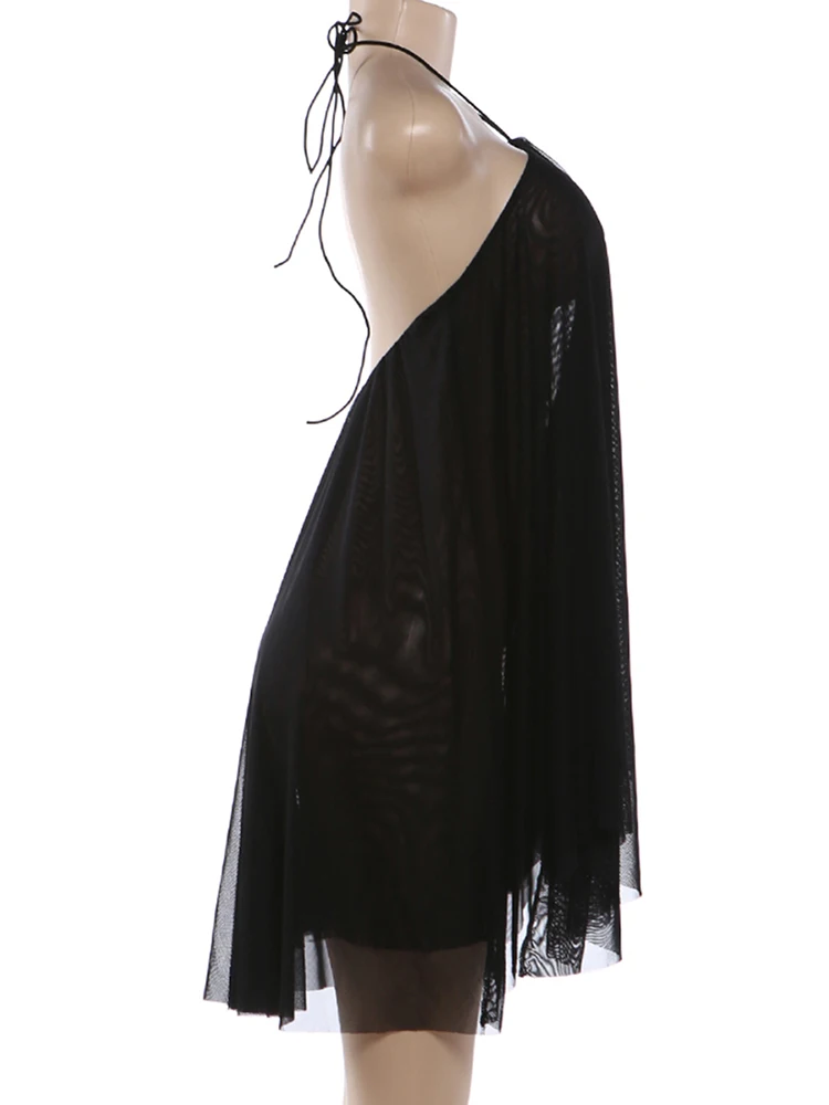 Weird Puss Halter Loose Dress Women Y2K Summer Sleeveless Backless Tiered Lrregular Hem Beach Vacation Sexy Trend Party Bodycon