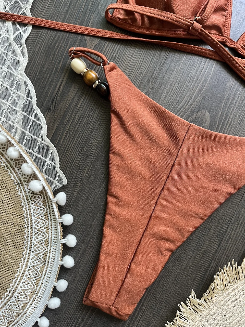 Sexy Brown Bikini Set 2026 Women Pearls Strap Hole Out Push Up Bra Thong Swimsuit Brazilian Beach Bathing Suit Micro Swimwear