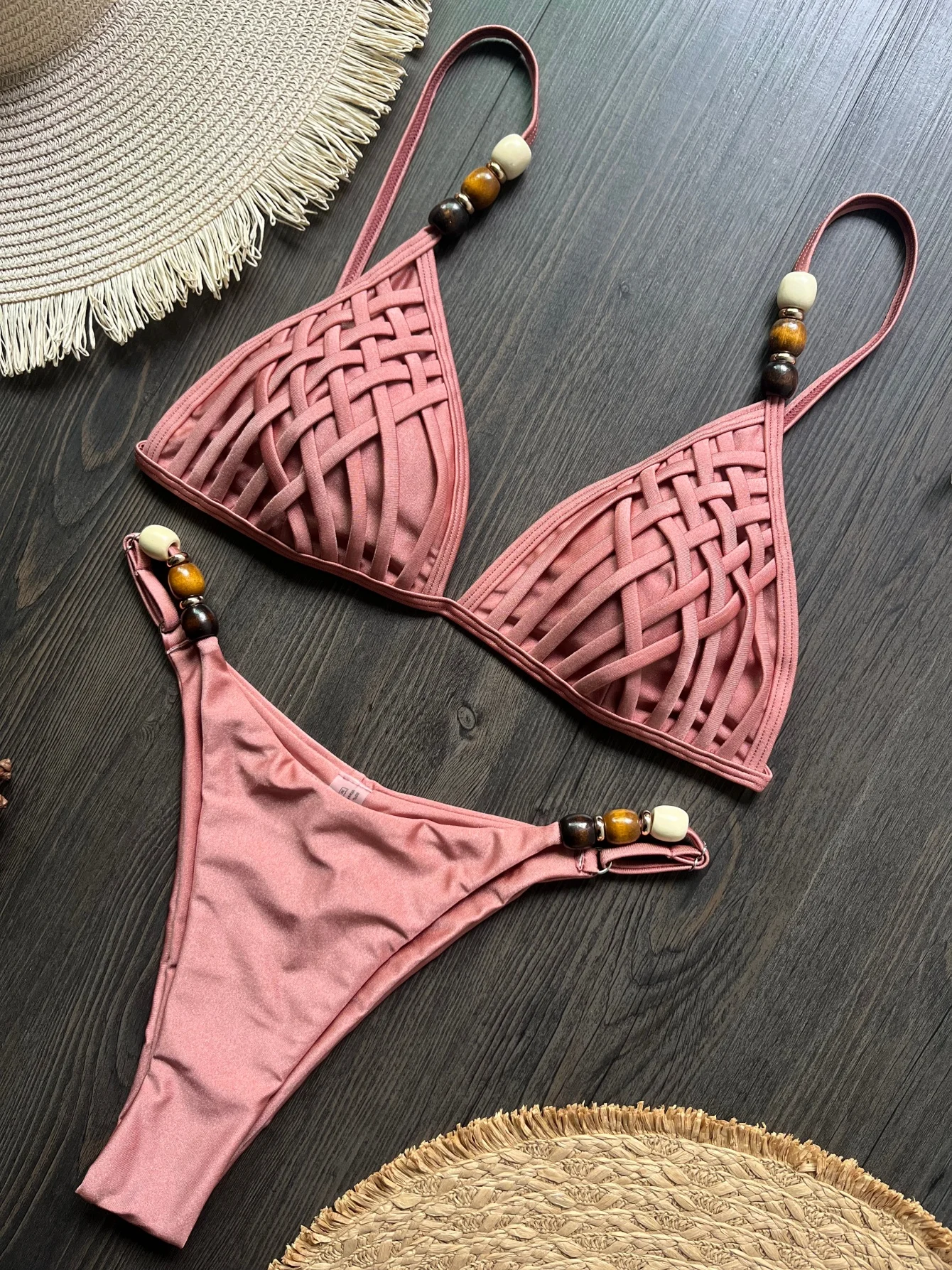 Sexy Brown Bikini Set 2026 Women Pearls Strap Hole Out Push Up Bra Thong Swimsuit Brazilian Beach Bathing Suit Micro Swimwear
