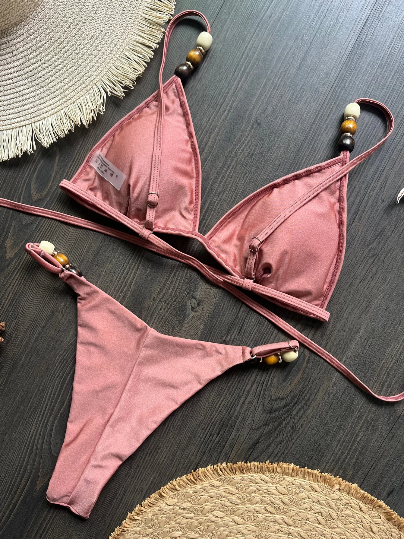 Sexy Brown Bikini Set 2026 Women Pearls Strap Hole Out Push Up Bra Thong Swimsuit Brazilian Beach Bathing Suit Micro Swimwear