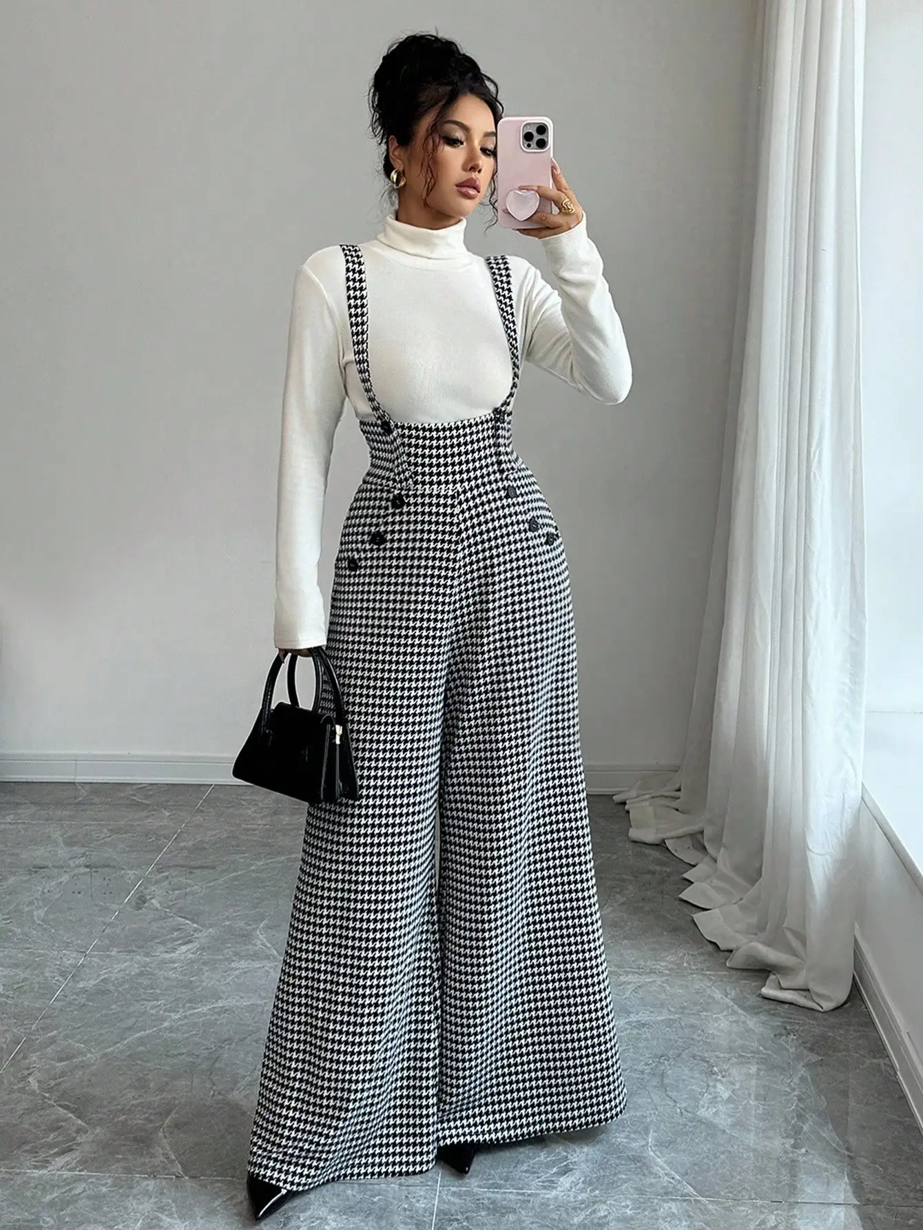 Overalls for Women's Winter Jumpsuit Black White Vintage Wide Leg Suspender Pants for Office Commute Casual Female Clothing