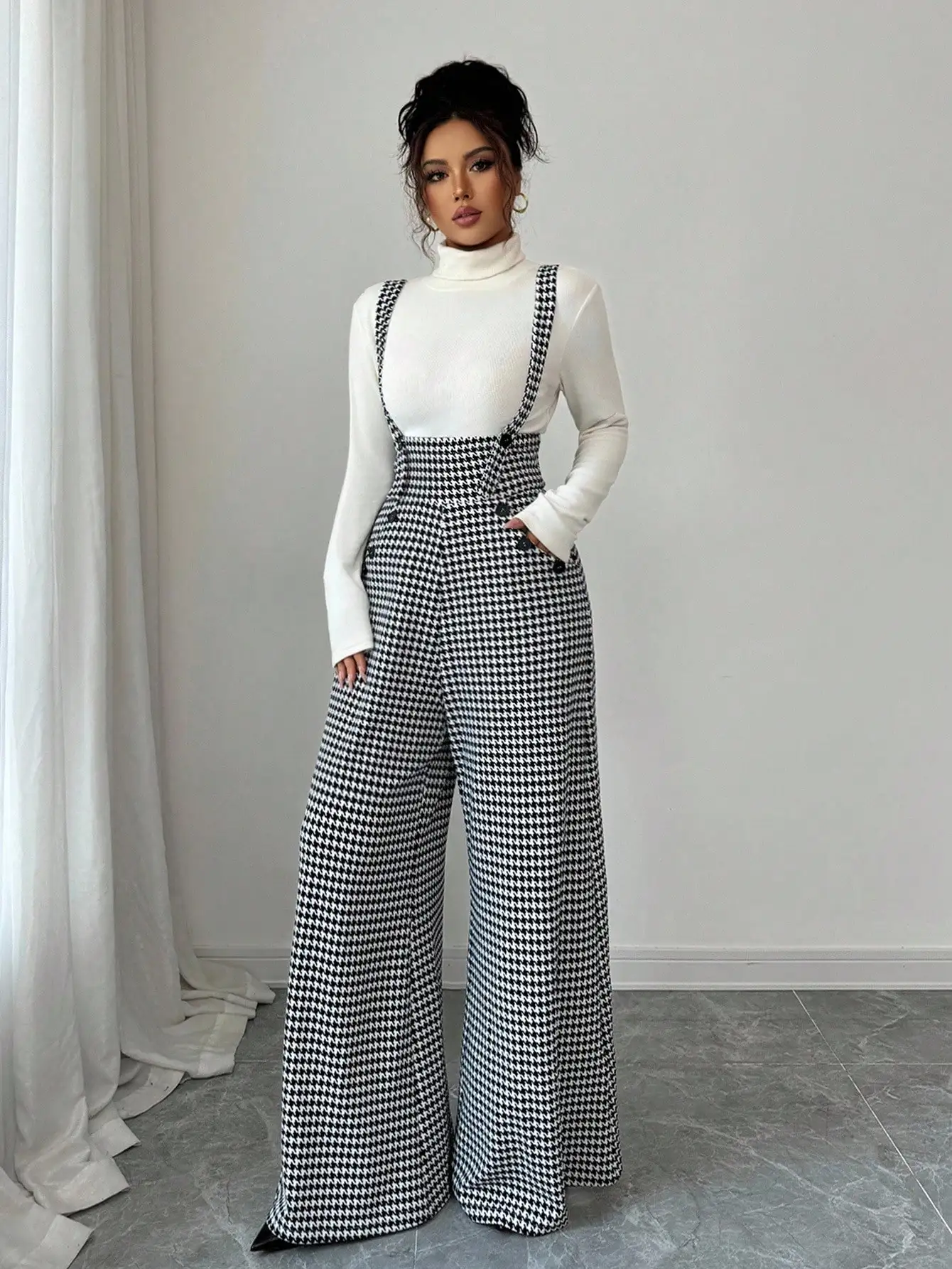Overalls for Women's Winter Jumpsuit Black White Vintage Wide Leg Suspender Pants for Office Commute Casual Female Clothing